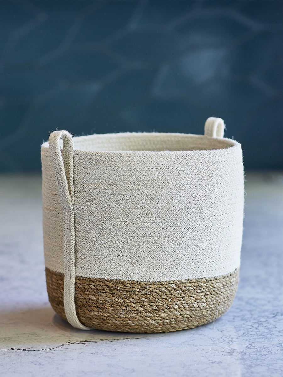 Handwoven Savar Jute & Seagrass Basket with Side Handle — Natural Storage Basket for Home Décor